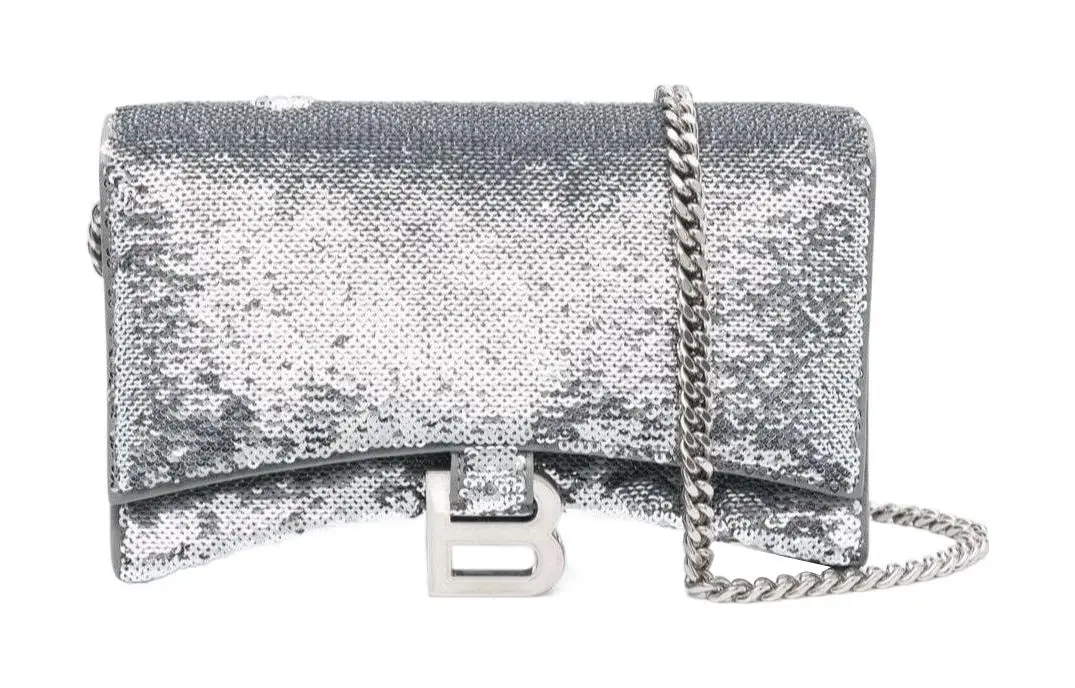 Balenciaga Hourglass Sheepskin Hourglass Bag, One Shoulder, Crossbody Bag, Chain Wallet Women's Silver