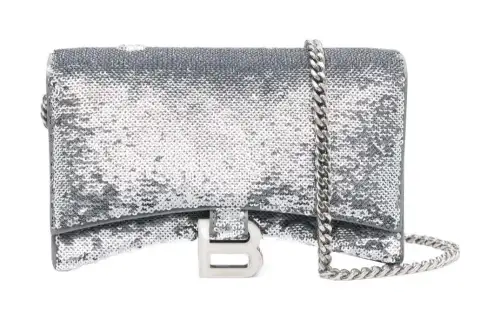 Balenciaga Hourglass Sheepskin Hourglass Bag, One Shoulder, Crossbody Bag, Chain Wallet Women's Silver