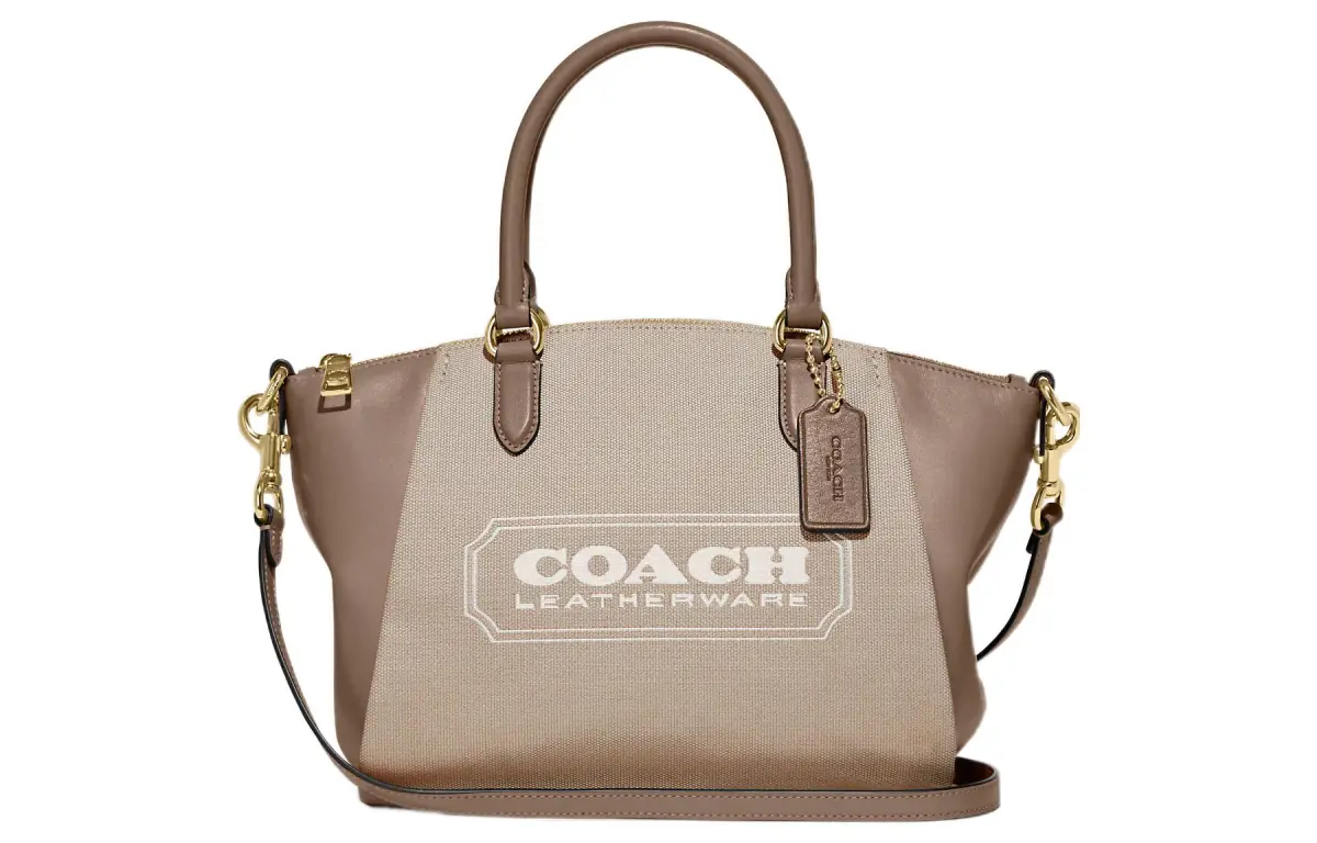 COACH Elise Fabric With Calfskin Handbag, Shoulder Bag, Crossbody Bag, Briefcase Medium Women's Khaki