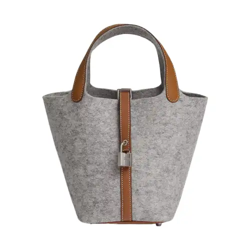 HERMES Picotin Lock Felt With Swift Leather Basket Bag, Bucket Bag, Handbag 18 Women's Gray & Gold Brown