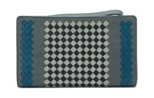 Bottega Veneta Pure Leather Woven Clutch Wallet Regular Men's Lime Gray & Black & Blue