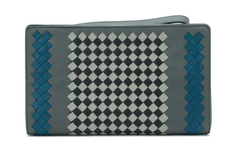 Bottega Veneta Pure Leather Woven Clutch Wallet Regular Men's Lime Gray & Black & Blue