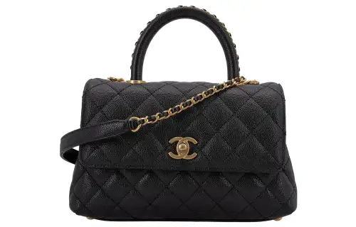CHANEL Coco Handle Grain Litchi Grain Cow Leather Handbag, Shoulder Bag, Crossbody Bag Small Women's Black