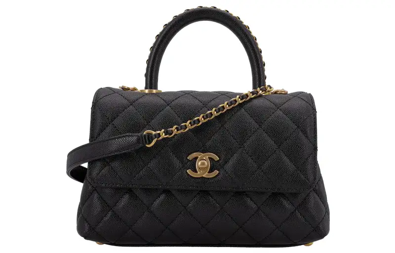 CHANEL Coco Handle Grain Litchi Grain Cow Leather Handbag, Shoulder Bag, Crossbody Bag Small Women's Black