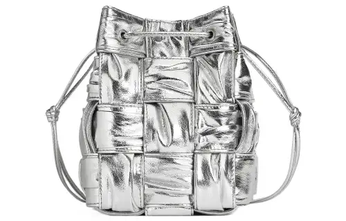 Bottega Veneta CASSETTE Sheepskin One Shoulder Bucket Bag, Crossbody Bag Women's Silver