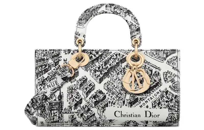 DIOR Lady D JOY Cow Leather Embroidery Handbag Shoulder Bag, Crossbody Bag, Handbag Medium Women's Black/White