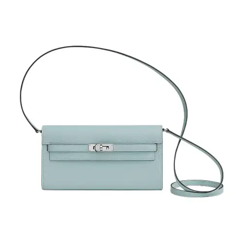 HERMES Kelly To Go Silver Tone Buckle Mysore Goat Skin Crossbody Wallet Regular Women's T0 Bleu Brume Dusty Blue