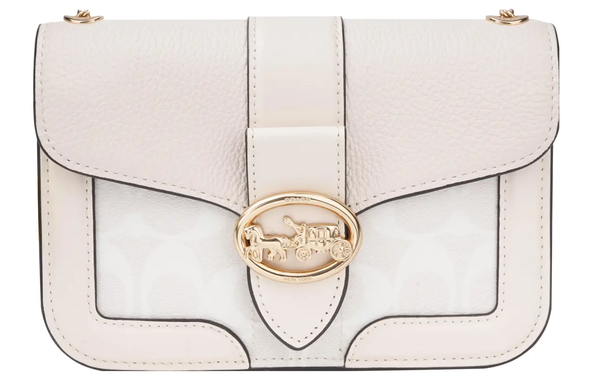 COACH Georgie Coated Canvas With Leather Small Square Bag, Shoulder Bag, Crossbody Bag Small Women's Ecru