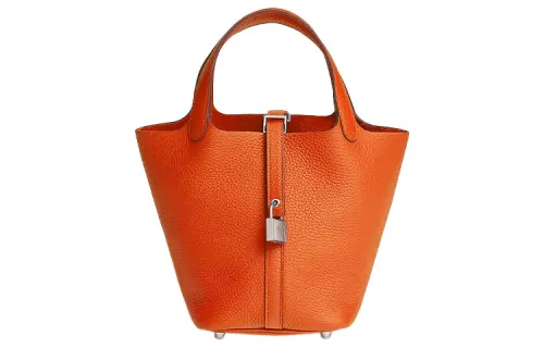 HERMES Picotin Lock Clemence Bullock Leather Basket Bag, Bucket Bag, Handbag 18 Women's 9J Feu Flame Orange