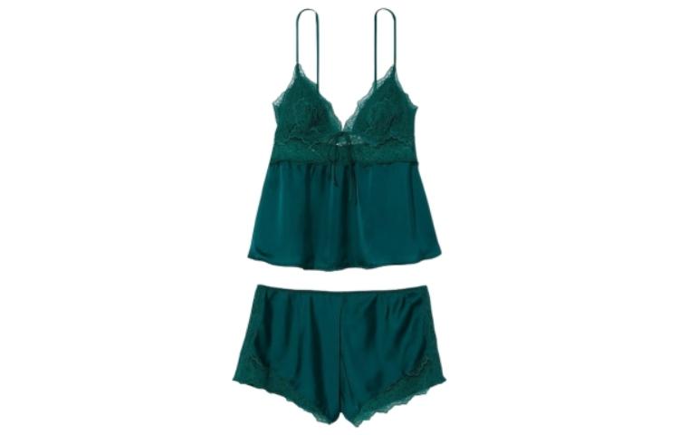 Victoria's Secret /Victoria's Secret Floral Lace Spliced Satin Deep V Thin Padded No Wire Strap Pajamas Home Set Women's Blue Green