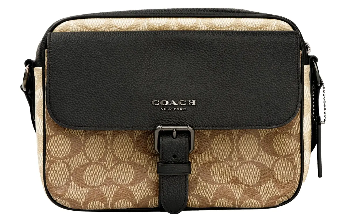 COACH Hudson Coated Canvas With Natural Pebble Texture Leather Crossbody Bags Small Men's Black Brown Multicolor