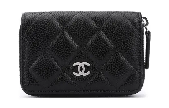 CHANEL Litchi Grain Calfskin Card Holder, Wallet Women's Black