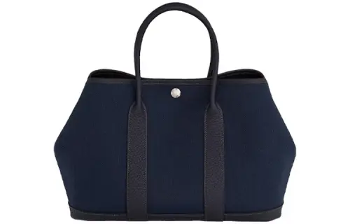 HERMES Garden Party Canvas With Negonda Calfskin Handbag 30 Women's Marine Blue & Black