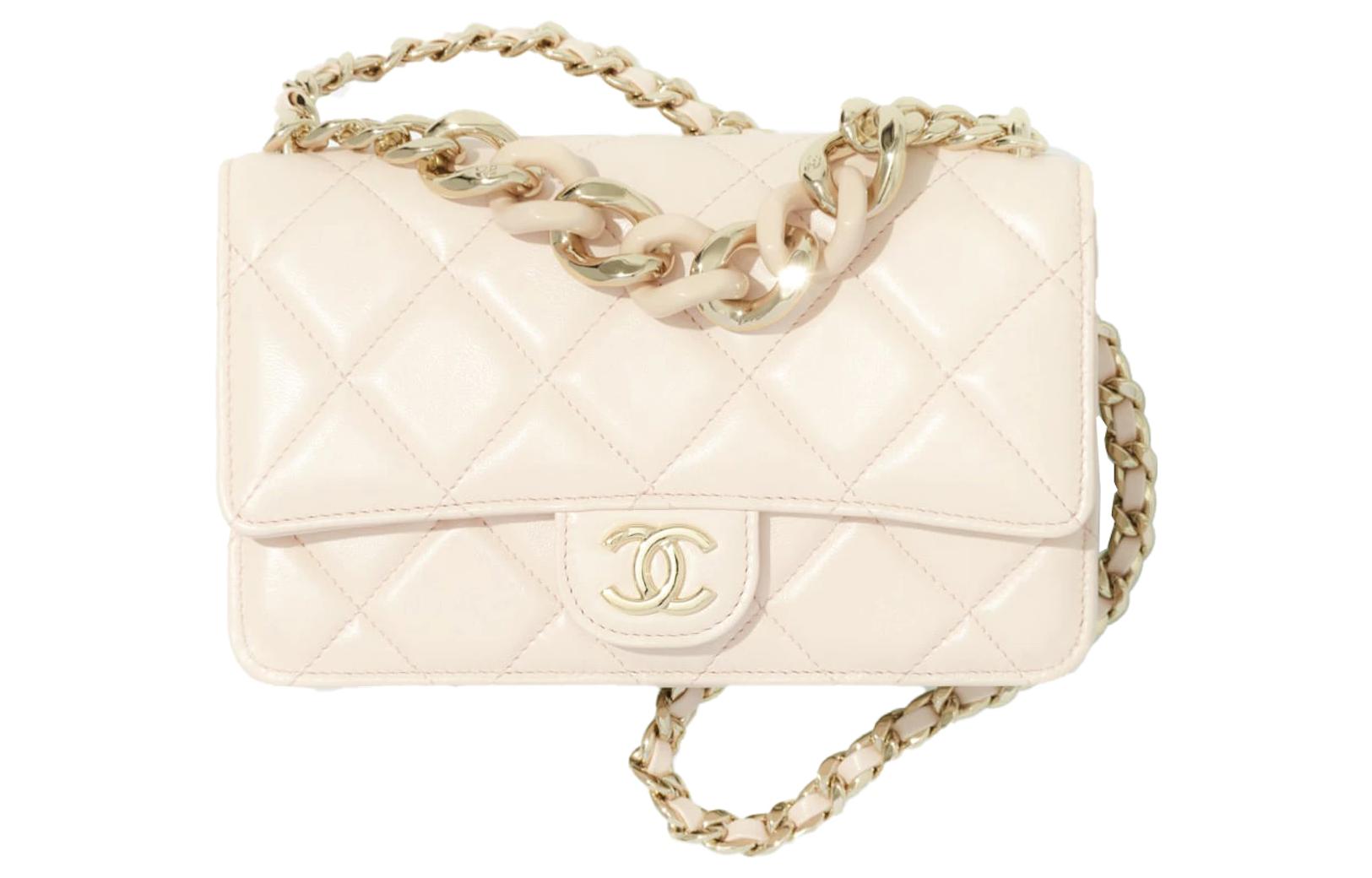 CHANEL WOC Lambskin Flap Bag Wallet On Chain, Small Square Bag, Shoulder Bag, Crossbody Bag Women's Beige