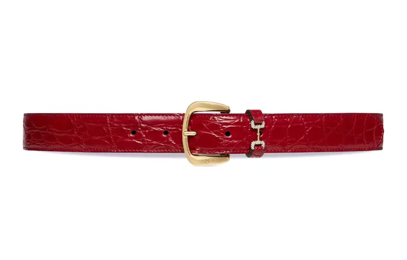 GUCCI Horsebit Crocodile Leather Belts Women's Red Width 3cm