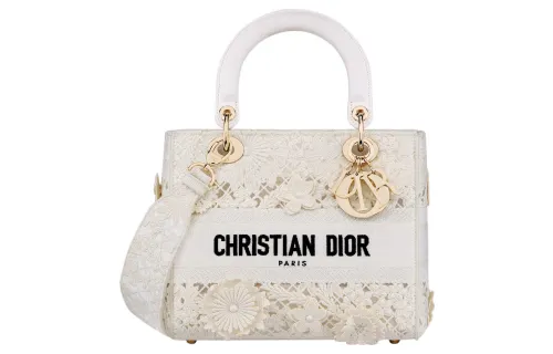 DIOR Lady D Lite Embroidery Handbag, Shoulder Bag, Crossbody Bag, Handbag Medium Women's White
