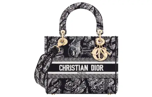 DIOR Lady D Lite Embroidery Handbag, Shoulder Bag, Crossbody Bag, Handbag Medium Women's Black