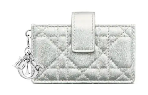 DIOR Lady Dior Lambskin Card Holder, Wallet Women's Silver