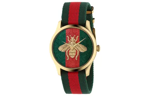 GUCCI G Timeles Collection Wrist Watches Quartz Movement Fabric Strap 38mm Green Dial Women's Watch