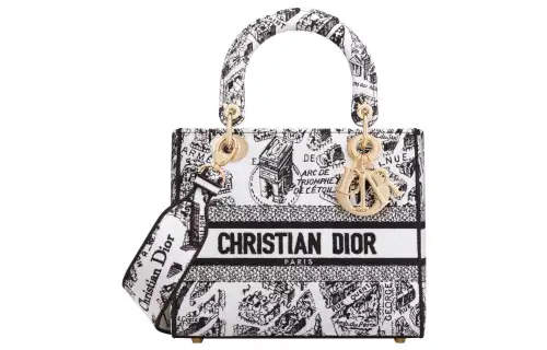 DIOR Lady D Lite Embroidery Handbag, Shoulder Bag, Crossbody Bag, Handbag Medium Women's White