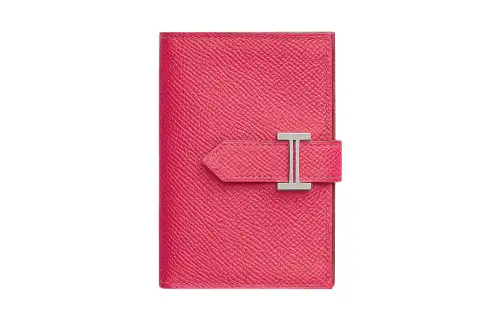 HERMES Bearn Silver Tone Buckle Epsom Calfskin Wallet Women's 8W Rose Azalee Lipstick Powder