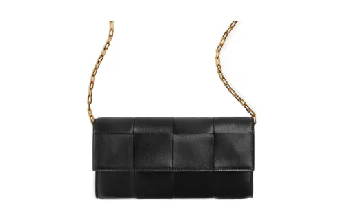 Bottega Veneta CASSETTE Cow Leather One Shoulder Crossbody Chain Wallet Women's Black