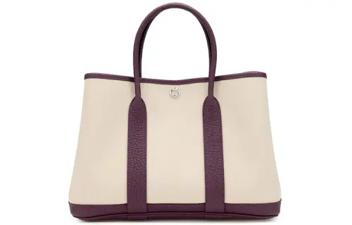 HERMES Garden Party Canvas With Negonda Calfskin Handbag 30 Women's Glacier White & Black Currant