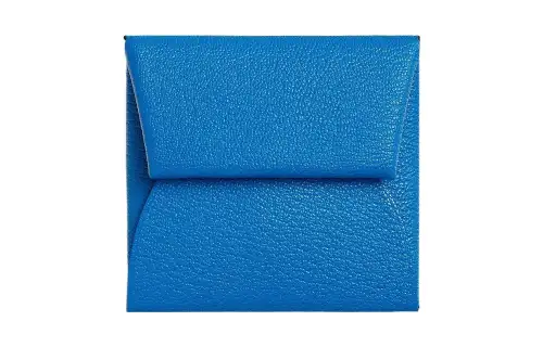HERMES Bastia Silver Tone Buckle Mysore Goat Skin Wallet Women's T7 Hydra Aqua Blue