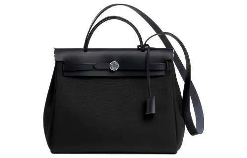 HERMES Herbag Zip Canvas With Hunter Cow Leather Shoulder Bag, Crossbody Bag, Handbag 31 Unisex Black & Sapphire Blue