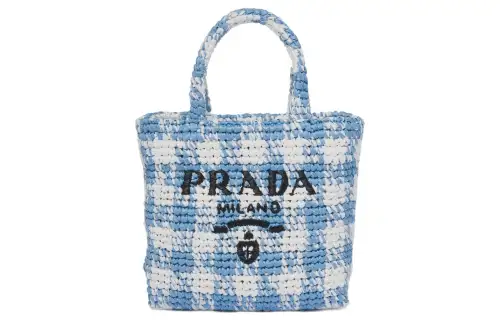 PRADA Wicker Tote Bag, Shopping Bag, Handbag Small Women's Light Blue