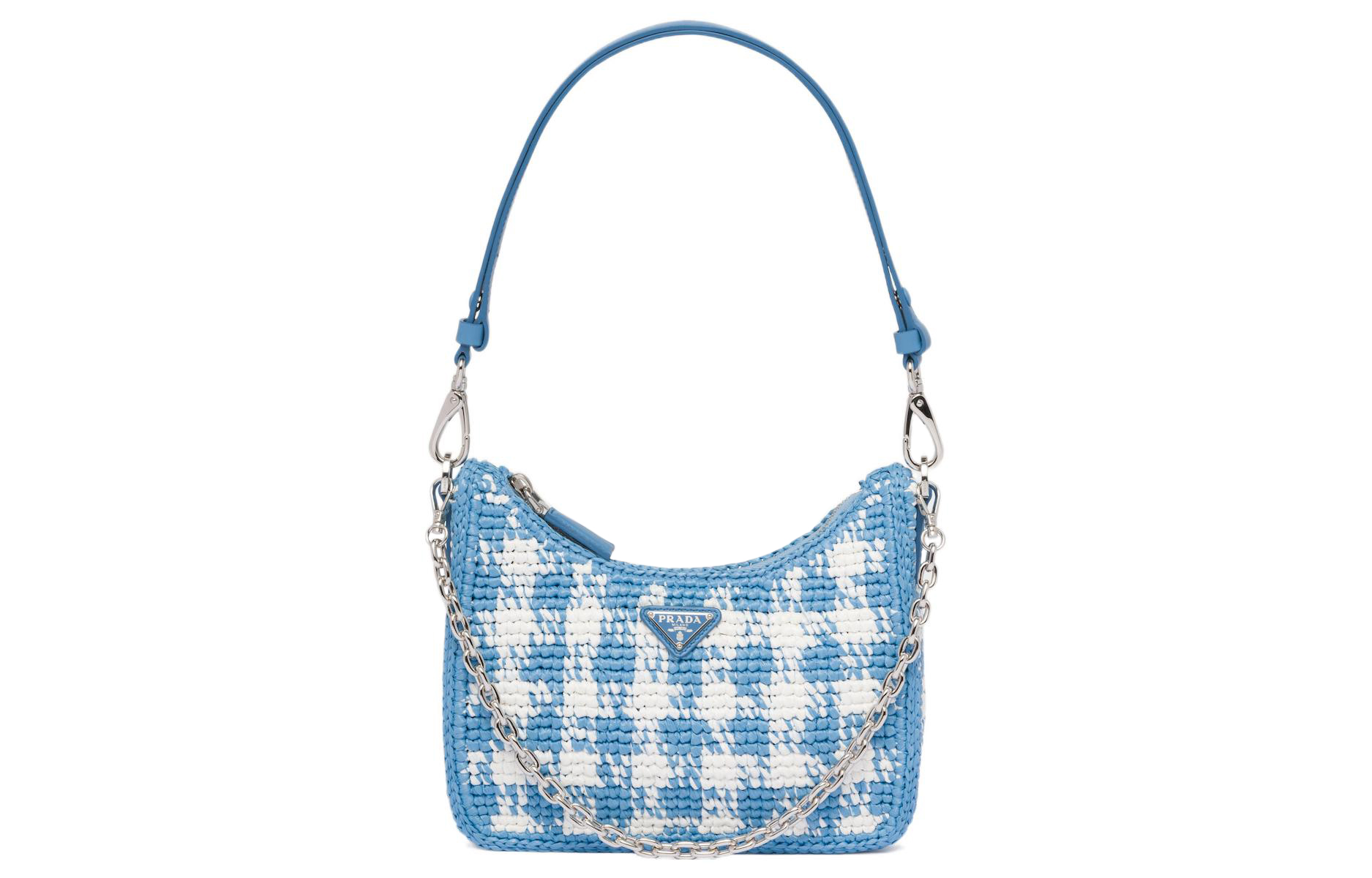 PRADA Prada Re-Edition metal front triangle logo detachable and adjustable shoulder strap straw and wicker and raffia hand-held shoulder bag women's light blue