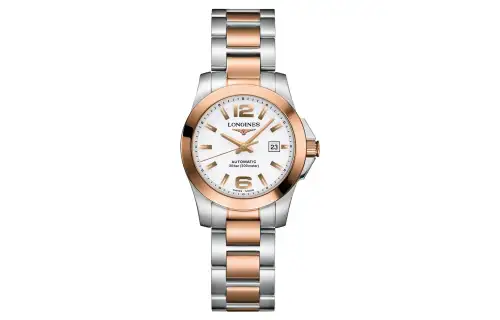 LONGINES Automatic mechanical mechanism, waterproof women's watch, white dial stainless steel, golden gold watch, case, 300meter, 29.5mm, 18 carat, pink gold
