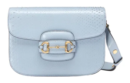 GUCCI Horsebit 1955 Python Skin Shoulder Bag, Crossbody Bag Women's Light Blue