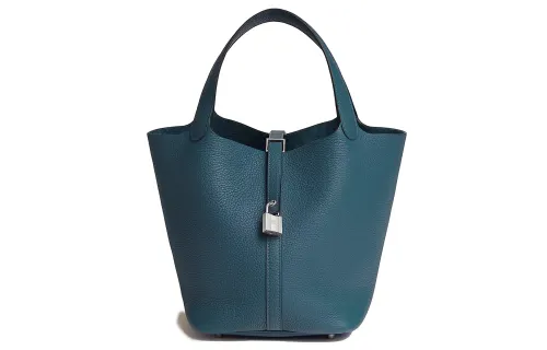 HERMES Picotin Lock Clemence Bullock Leather Basket Bag, Bucket Bag, Handbag 22 Women's 7P Bleu De Prusse Prussian Blue
