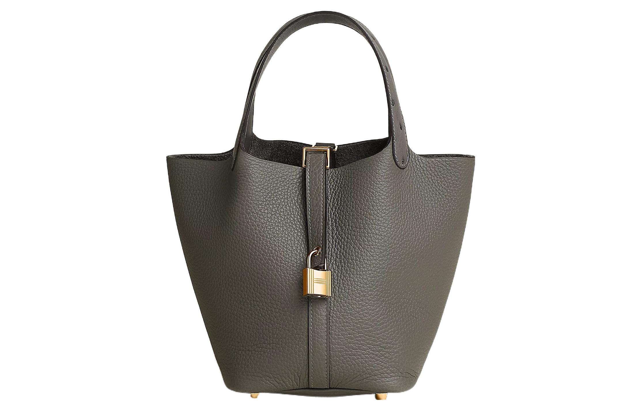 HERMES Picotin Lock Clémence Calfskin With Ostrich Leather Basket Bag, Bucket Bag, Handbag 18 Women's