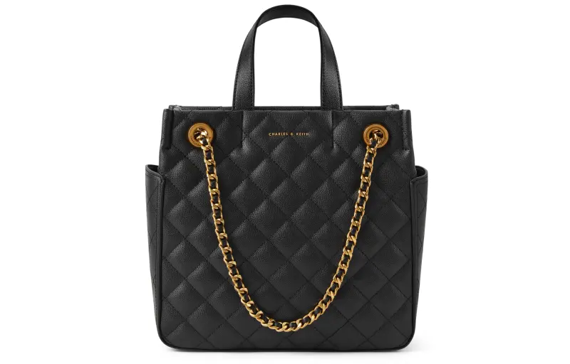 CHARLES&KEITH Pu Charles & Keith Bag Wedding Bag One Shoulder Handbag Large Women's Black/Burgundy Wine Red