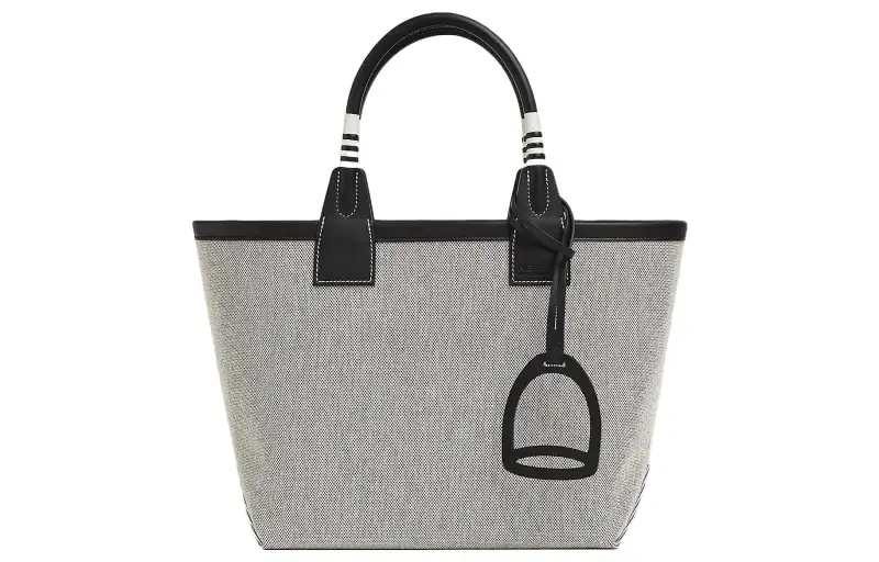 HERMES Steeple H Canvas With Swift Calfskin Tote Bag, Shopping Bag, Canvas Bag, Handbag Women's Light Beige & Black