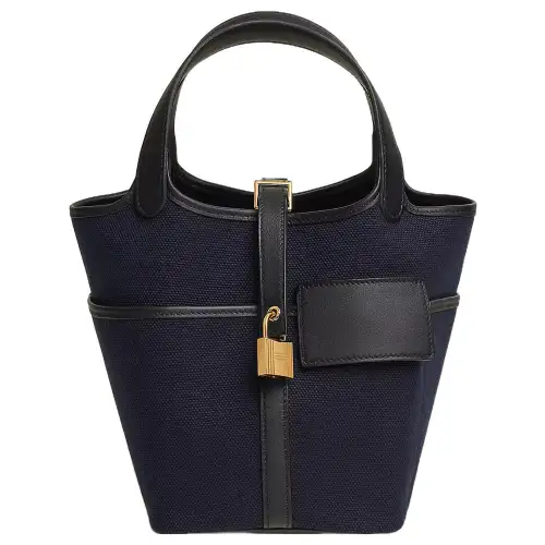 HERMES Picotin Lock Goeland Canvas With Swift Calfskin Basket Bag, Bucket Bag, Handbag 18 Women's Deep Sea Blue & Black