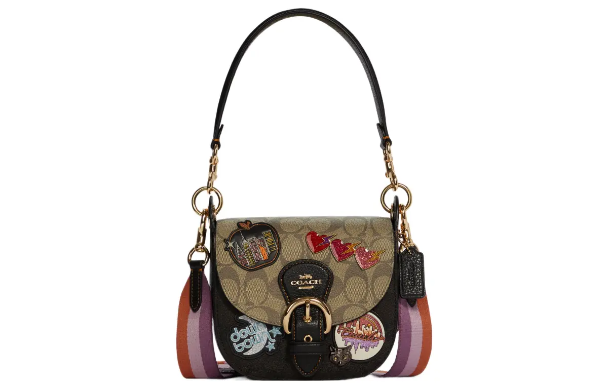 COACH Kleo Coated Canvas With Leather Saddle Bag, Shoulder Bag, Crossbody Bag, Handbag Medium Women's Black & Khaki