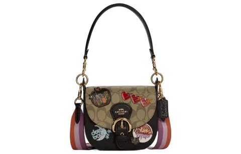 COACH Kleo Coated Canvas With Leather Saddle Bag, Shoulder Bag, Crossbody Bag, Handbag Medium Women's Black & Khaki