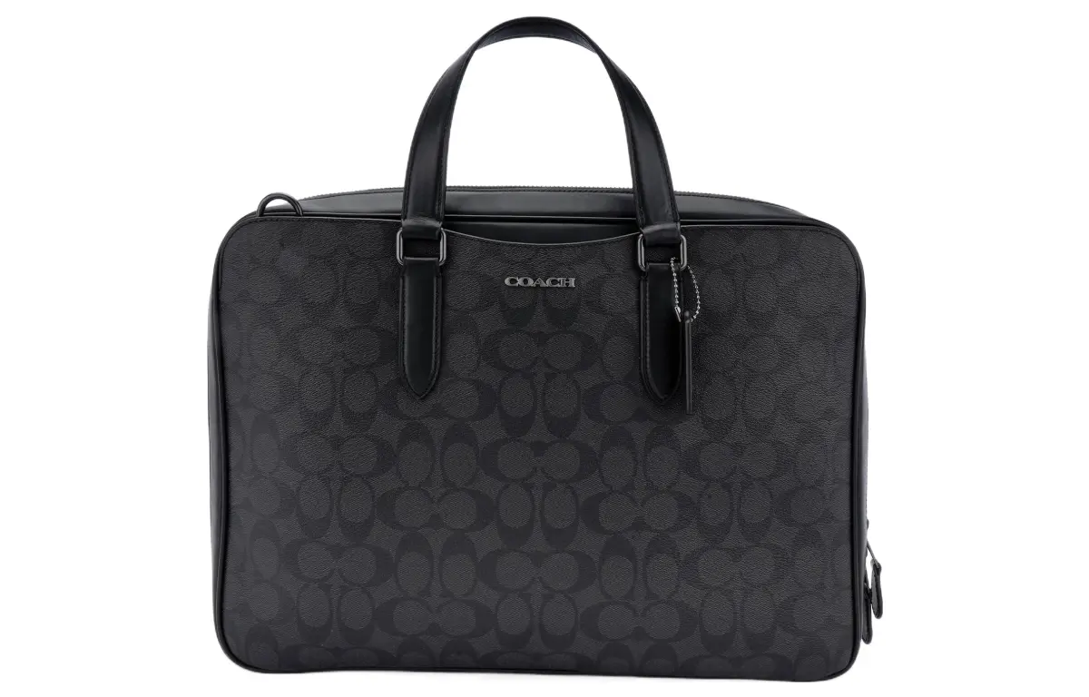 COACH Graham Calfskin With Coated Canvas Briefcase Portable One Shoulder Crossbody Laptop Bag Large Men's Black