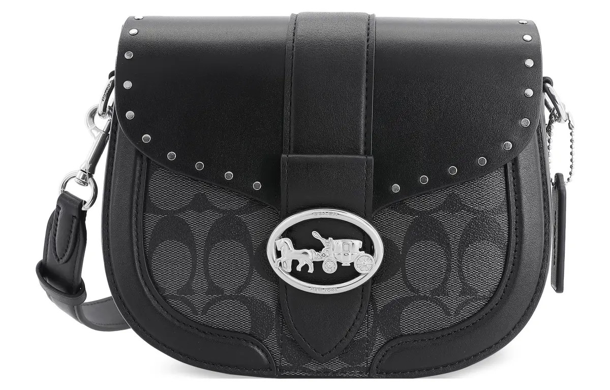COACH Georgie Calfskin Saddle Bag, Bacchus Bag, Shoulder Bag, Crossbody Bag Medium Women's Black