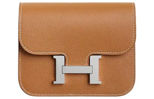 HERMES Constance Slim Silver Tone Buckle Evercolor Leather Card Holder, Coin Purse, Fanny Pack Women's Gold