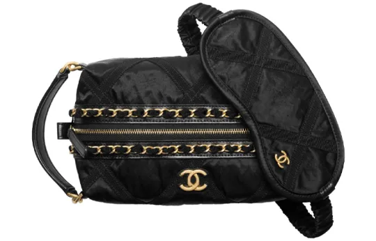 CHANEL Satin Toiletry Bag Unisex Black