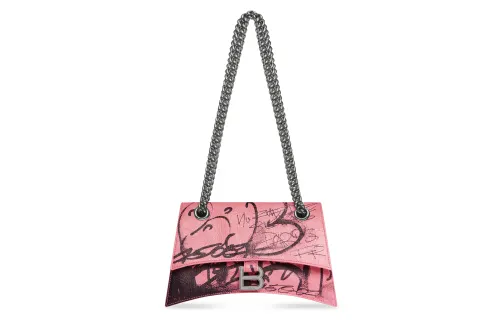 Balenciaga Crush Fine Grained Sheepskin Handbag, Shoulder Bag Women's Pink & Black
