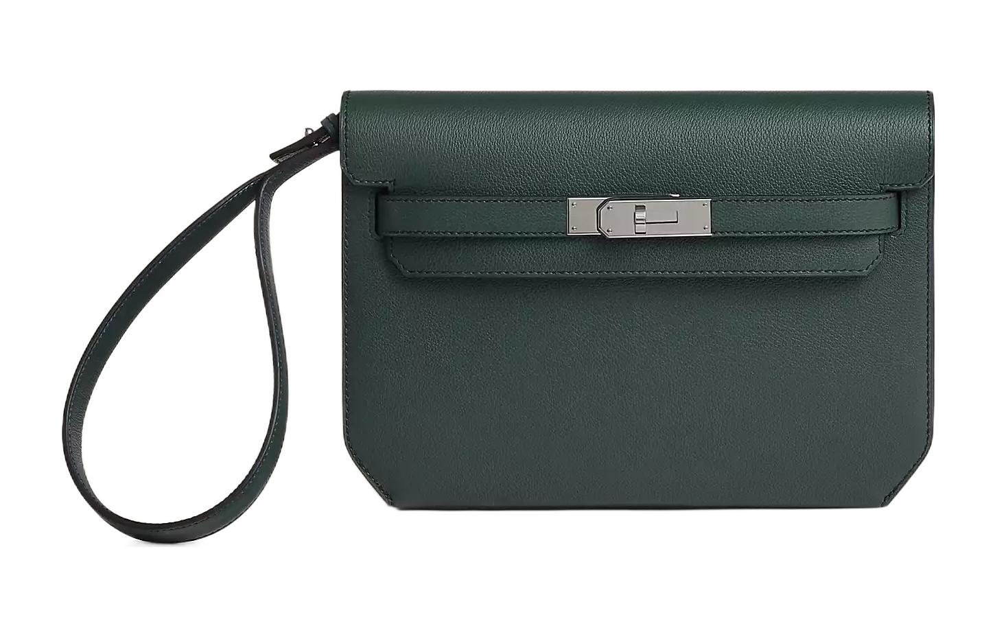 HERMES Kelly Depeches Evercolor Calfskin Clutch Men's V0 Vert Rousseau Green