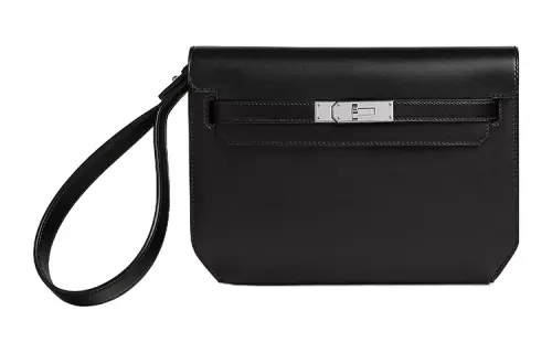 HERMES Kelly Depeches Box Tadelakt Leather Clutch Unisex 89 Noir Black