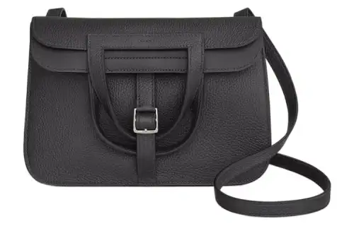 HERMES Halzan Silver Tone Buckle Leather Horseshoe Handbag, Crossbody Bag, Shoulder Bag Unisex 89 Noir Black