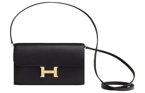 HERMES Constance To Go Gold tone Lock Evergrain Calfskin Wallet, Shoulder Bag, Crossbody Bag Women's Black