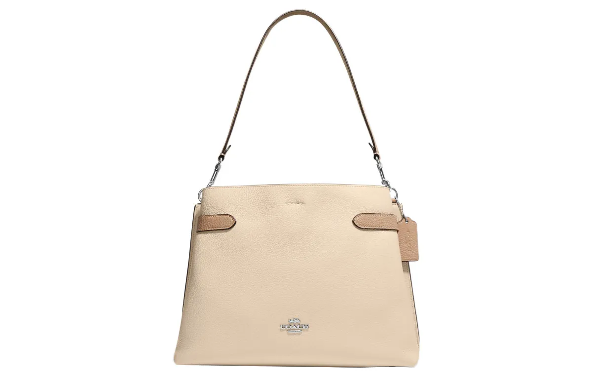 COACH Hanna Pebbled Leather Tote Bag, Shopping Bag, Handbag, Shoulder Bag Women's Beige Yellow